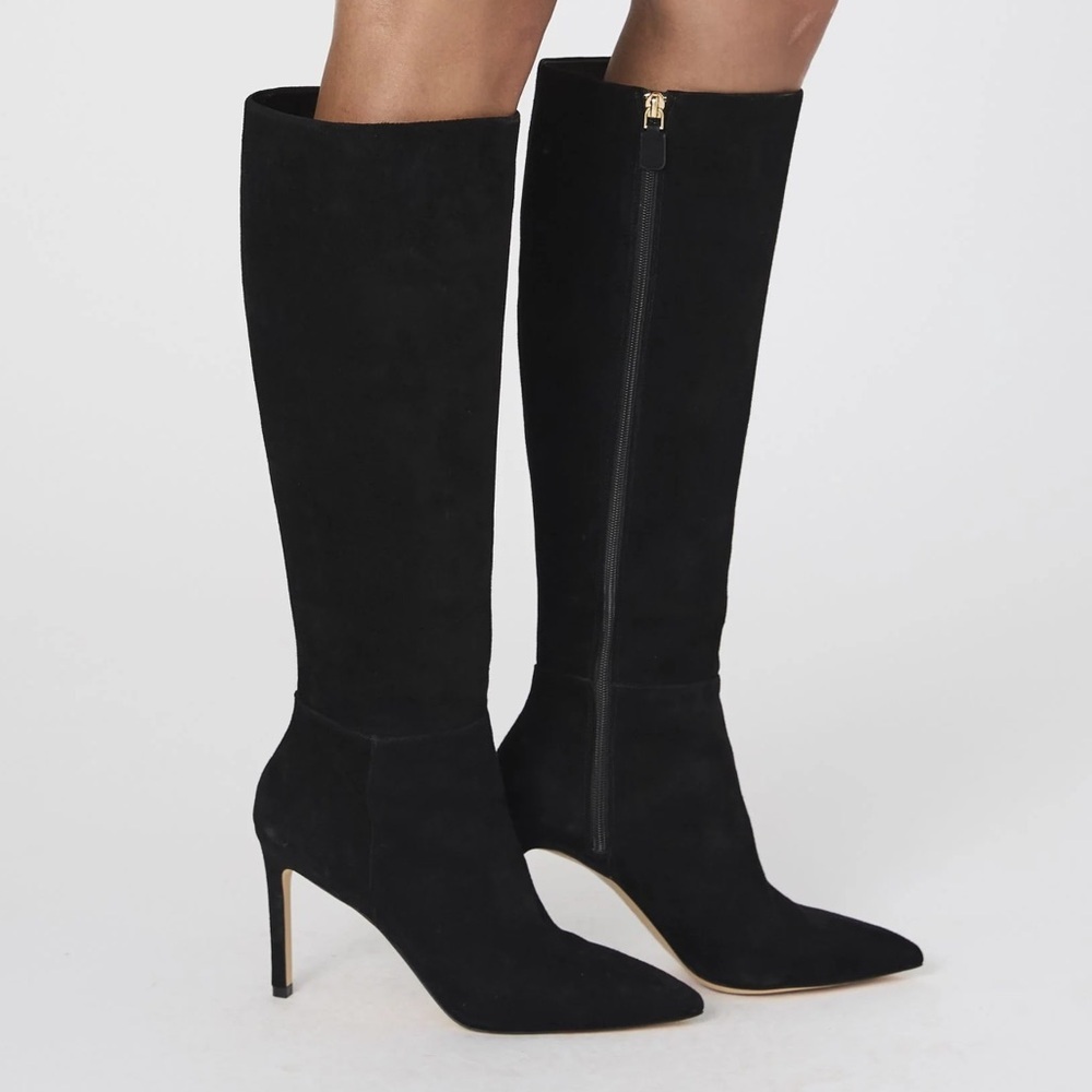 FRENCH CONNECTION MOLLY BLACK SUEDE KNEE LENGTH HEELED BOOTS SIZE 38M